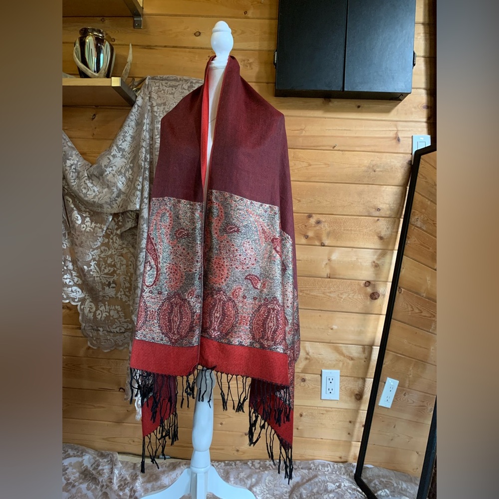 Vintage Silk‎ Paisley Pashmina Scarf Double Sided Burgundy Black